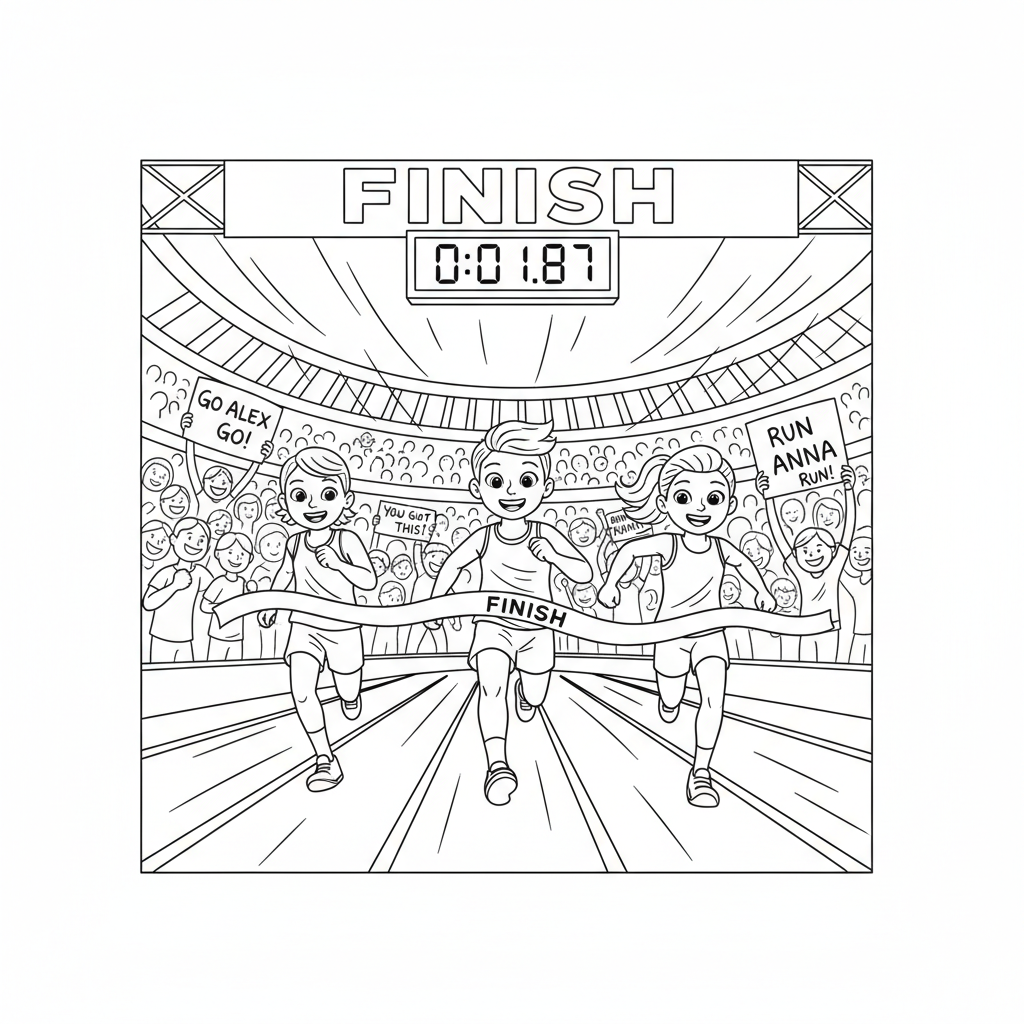 Line art of kids sprinting to a finish line with a digital clock and an excited cheering crowd
