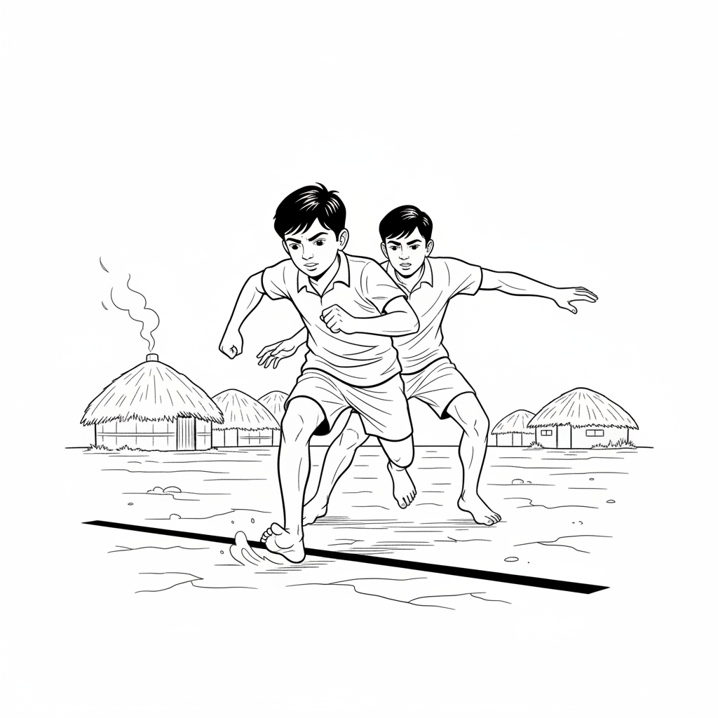Black and white line art of an Indian village boy, a kabaddi raider, sprinting and kicking up dust towards the midline on an open field.