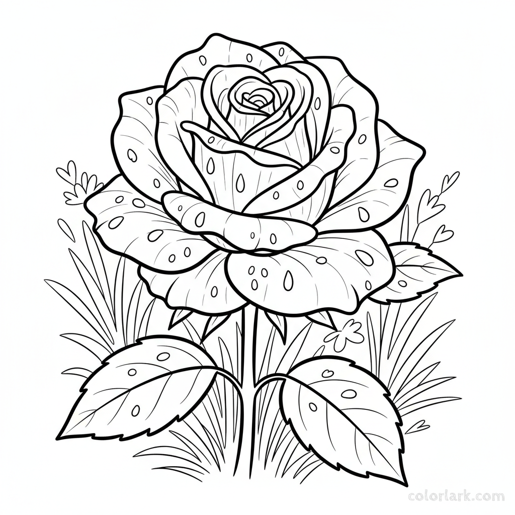 Black and white line art of a blooming rose with rain droplets clinging to its petals and leaves