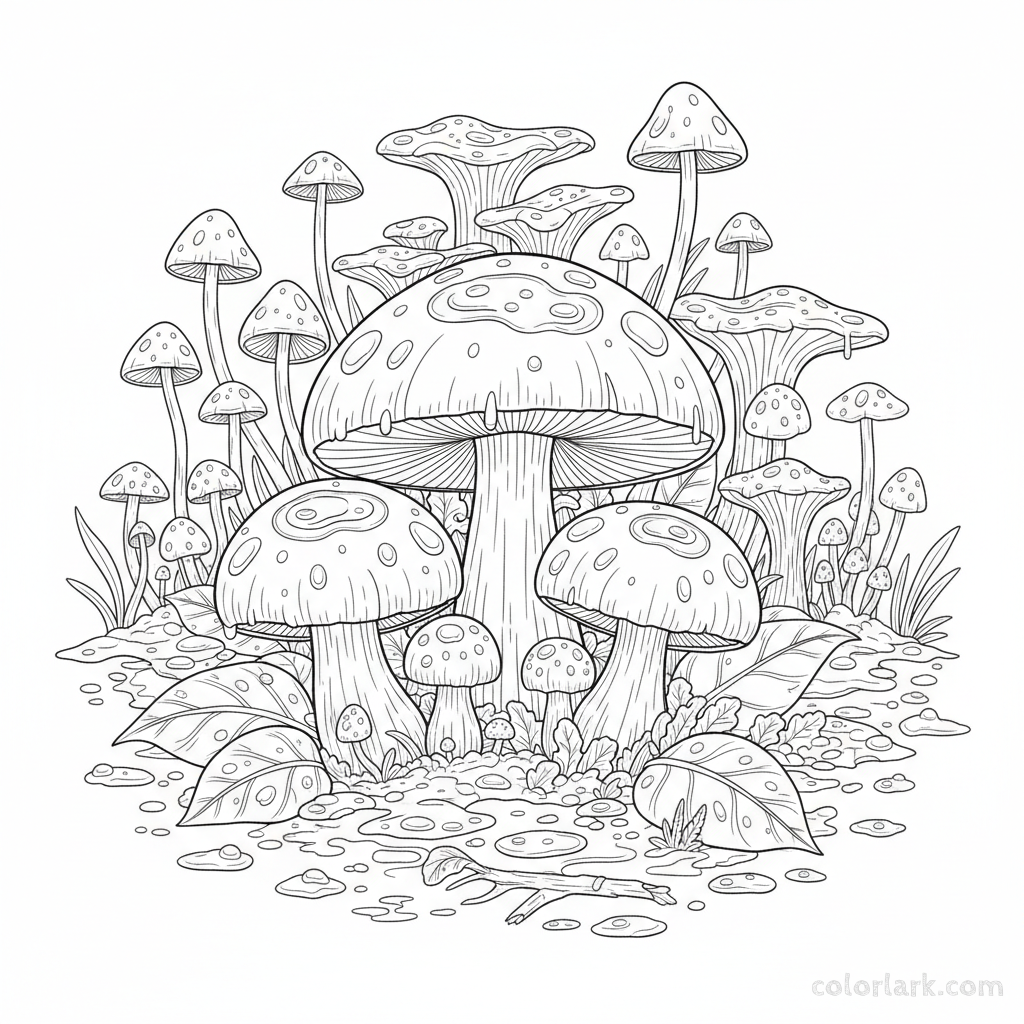 Black and white line art of several rain-soaked mushrooms covered in glistening dewdrops and wet leaves in a forest, for coloring.
