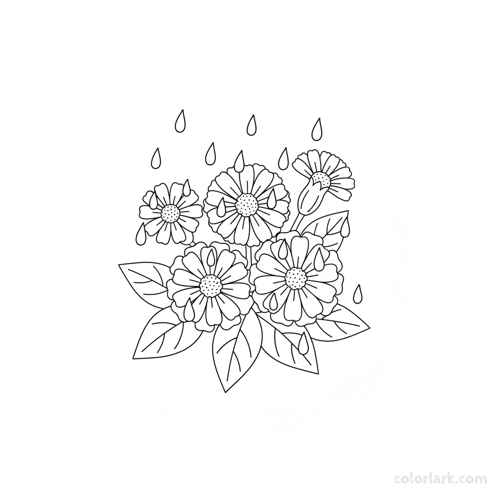 Black and white line art of simple flowers with clearly outlined raindrops falling on their petals and leaves.