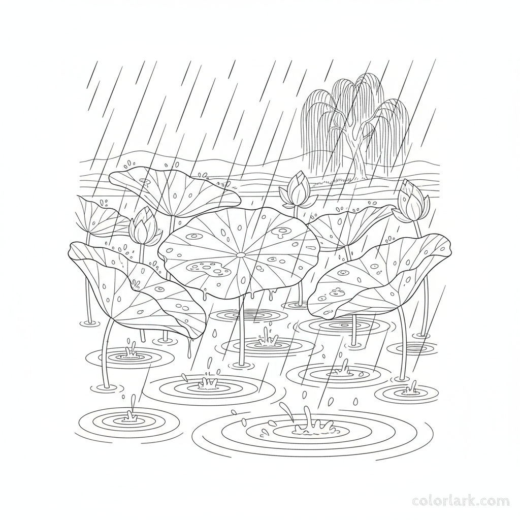 Black and white line art of a rainy day lotus pond with visible ripples and raindrops.