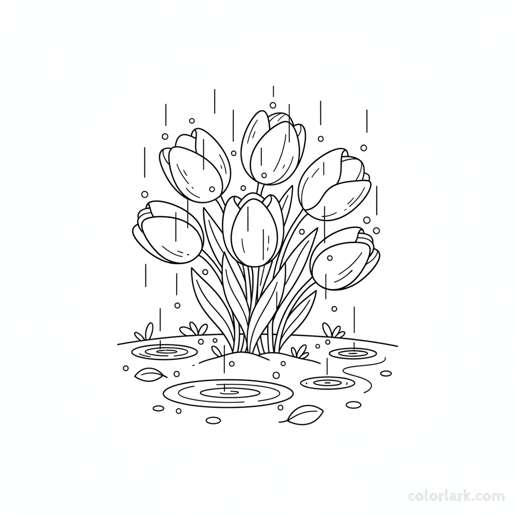 Line art illustration of tulips gently swaying in the rain with puddles on the ground