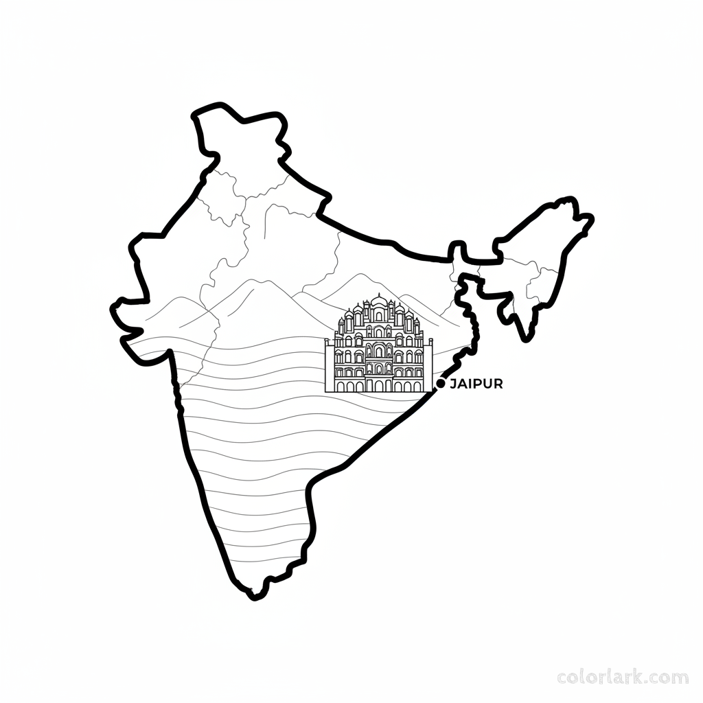 Line art coloring map of Rajasthan state, featuring the Hawa Mahal landmark, Jaipur, and an indication of the Thar Desert.