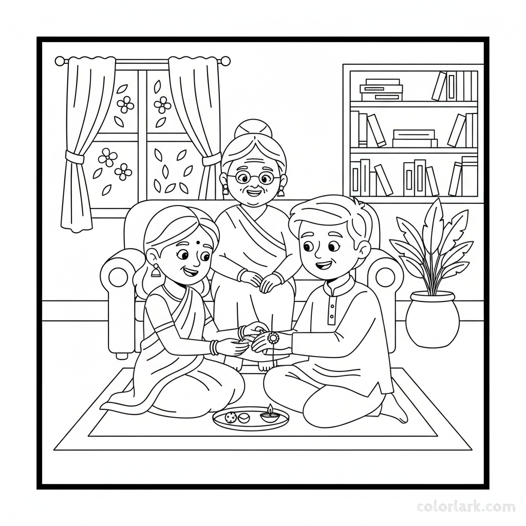 Line art of a Rakhi ceremony with grandparents observing lovingly