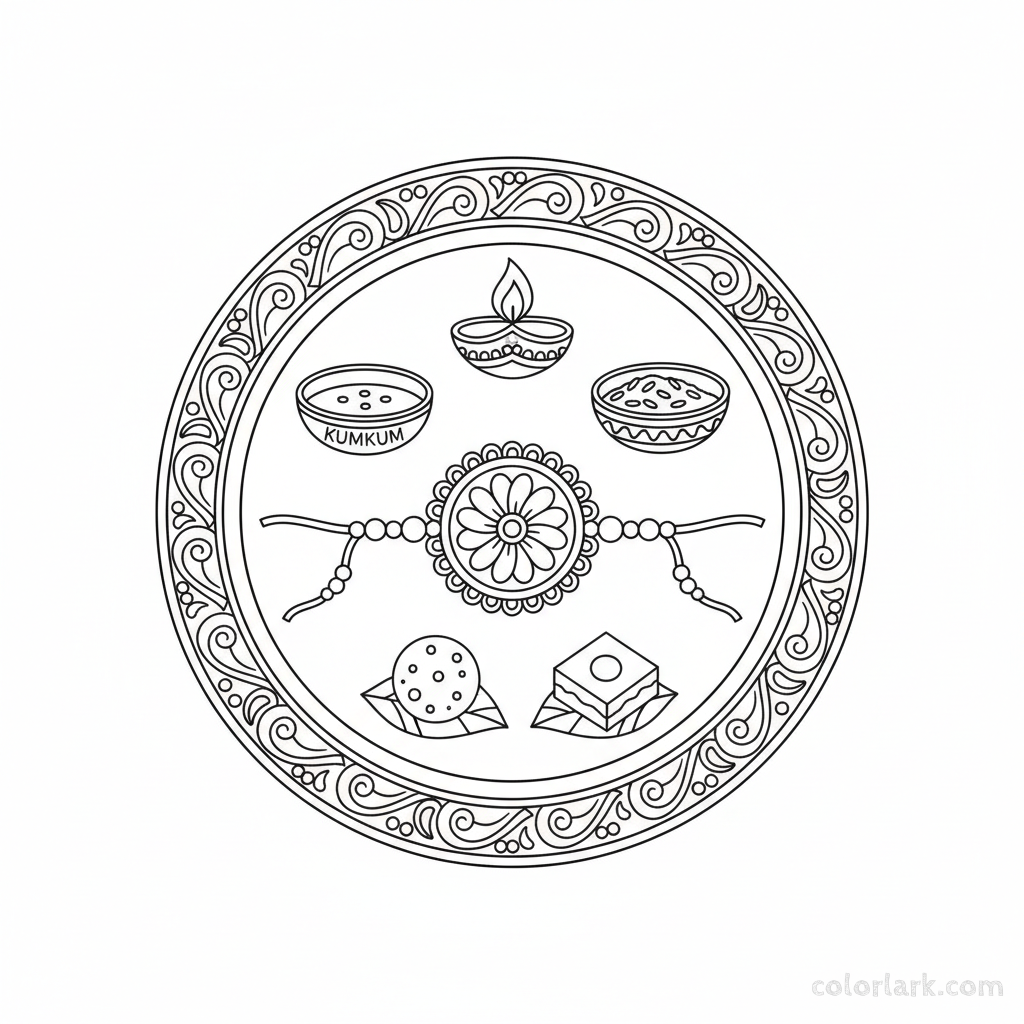 Line art of a Rakhi Thali with diya, kumkum, sweets, and Rakhi