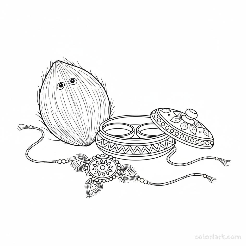 Line art of a Rakhi with traditional Kankavati (kumkum box) and coconut
