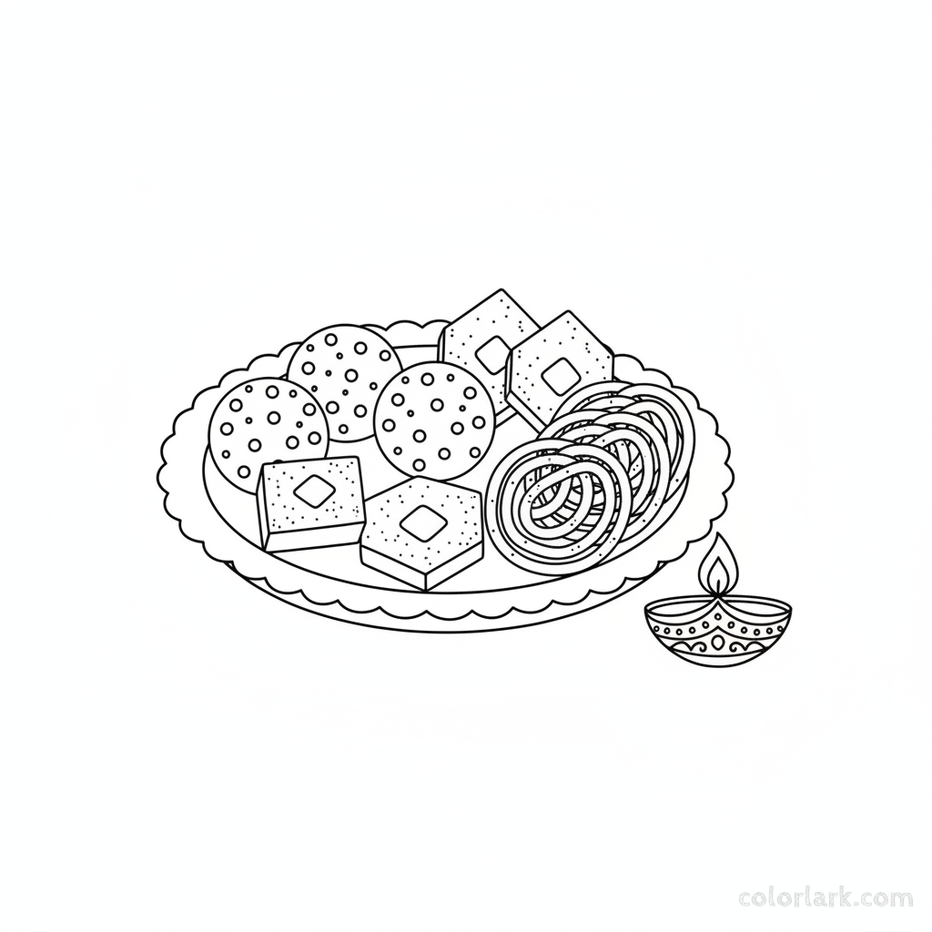 Black and white line art of traditional Indian sweets like ladoos and barfi on a plate for Rakshabandhan.