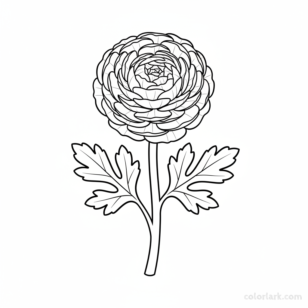 Black and white line art of a simple ranunculus flower with dense, multi-layered petals, a thick stem, and lobed leaves.