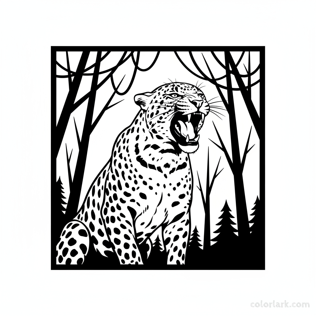 Rare Indian Leopard Roaring at Dusk Jungle Coloring Page