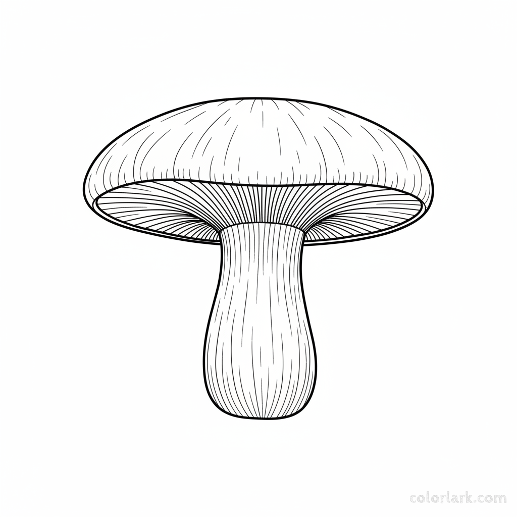 Black and white line art of a realistic Portobello mushroom with detailed cap, gills, and stem, for coloring.