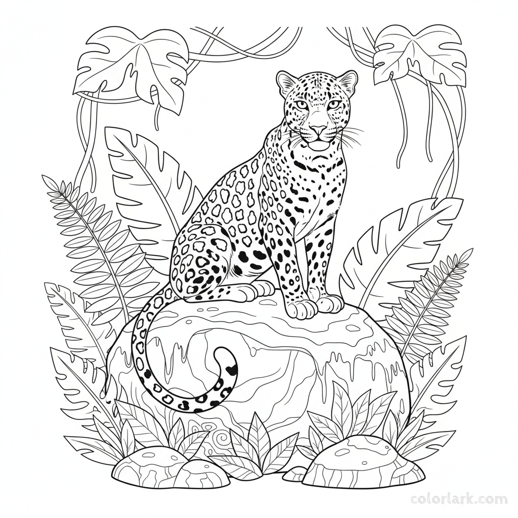 Regal Indian Leopard sitting on a moss-covered boulder free coloring page.