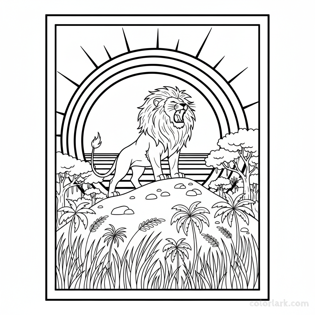 Black and white line art of a regal lion roaring on a hill in an Indian jungle