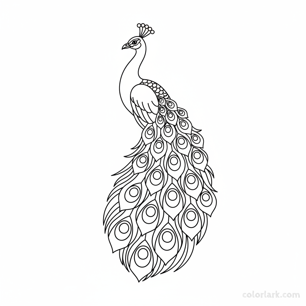 Regal peacock coloring page, detailed, looking over shoulder