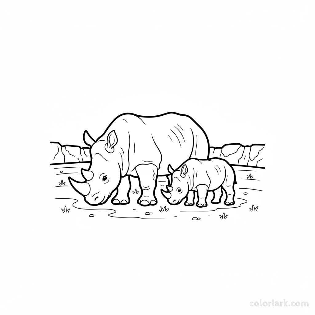 Line art of a mother rhinoceros and her calf grazing in a dusty, open zoo habitat for coloring.