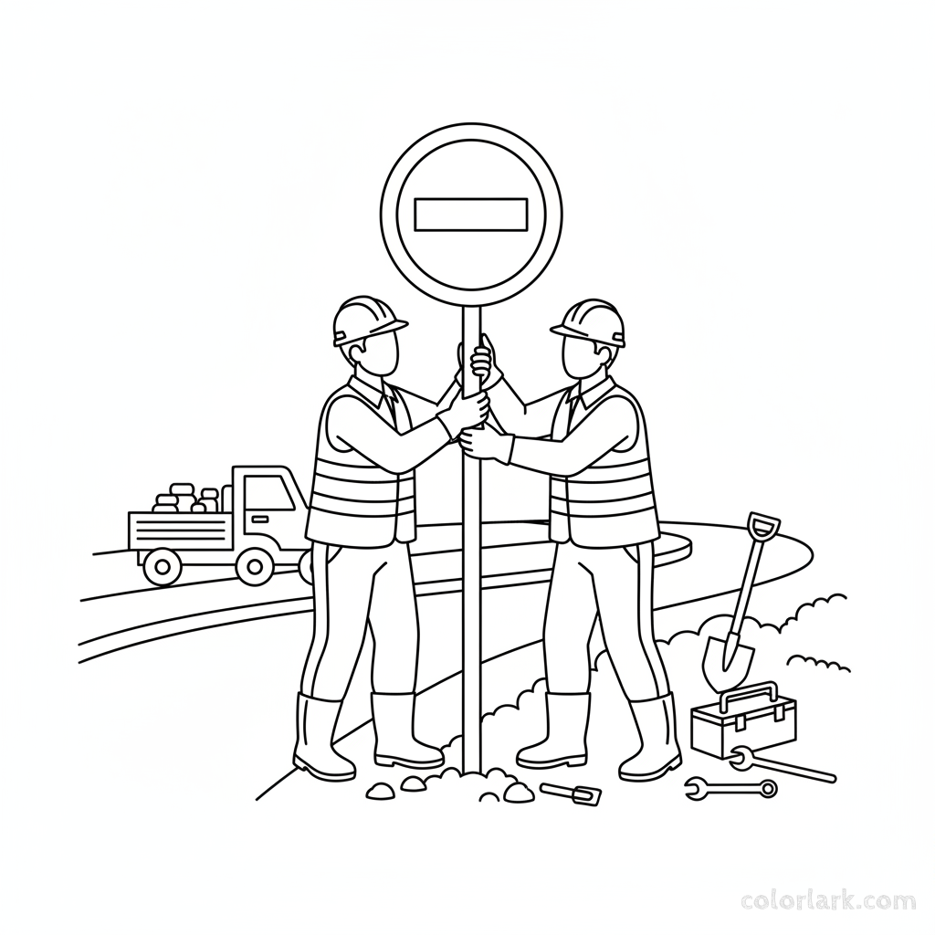 Black and white line art of two road workers installing an Indian no entry sign on a newly paved street.