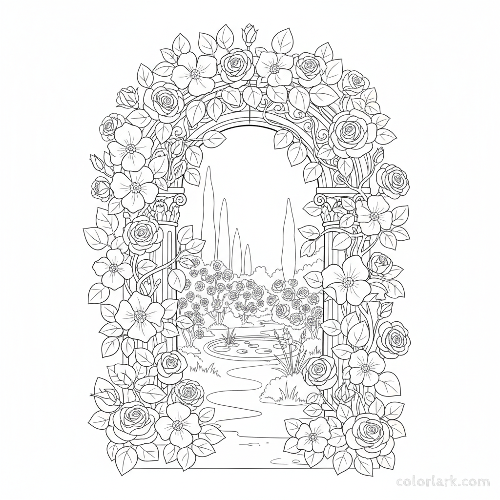 Black and white line art of an ornate archway covered in climbing roses and foliage, leading to a garden
