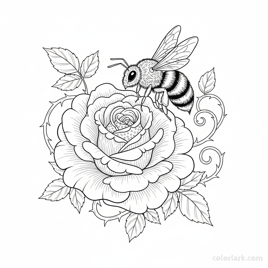 Black and white line art of a busy bee pollinating a blooming rose, detailed nature scene