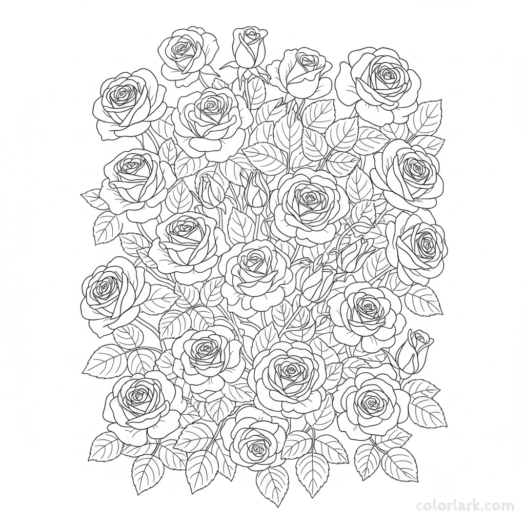 Black and white line art of a magnificent rose bush in full bloom with numerous roses and lush foliage
