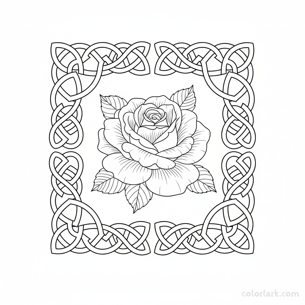 Black and white line art of a detailed blooming rose framed by an intricate Celtic knot border