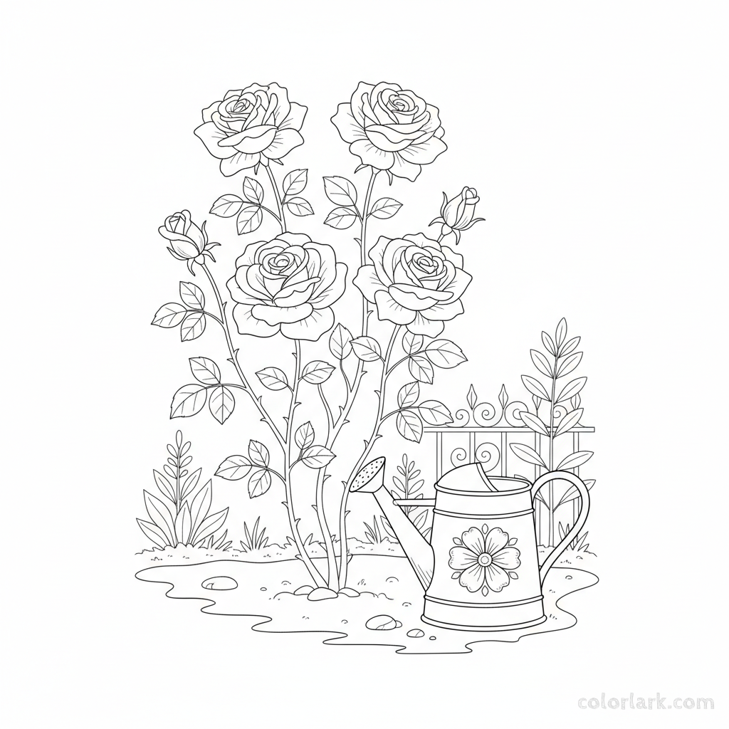 Black and white line art of a blooming rose plant with a classic watering can in a garden scene
