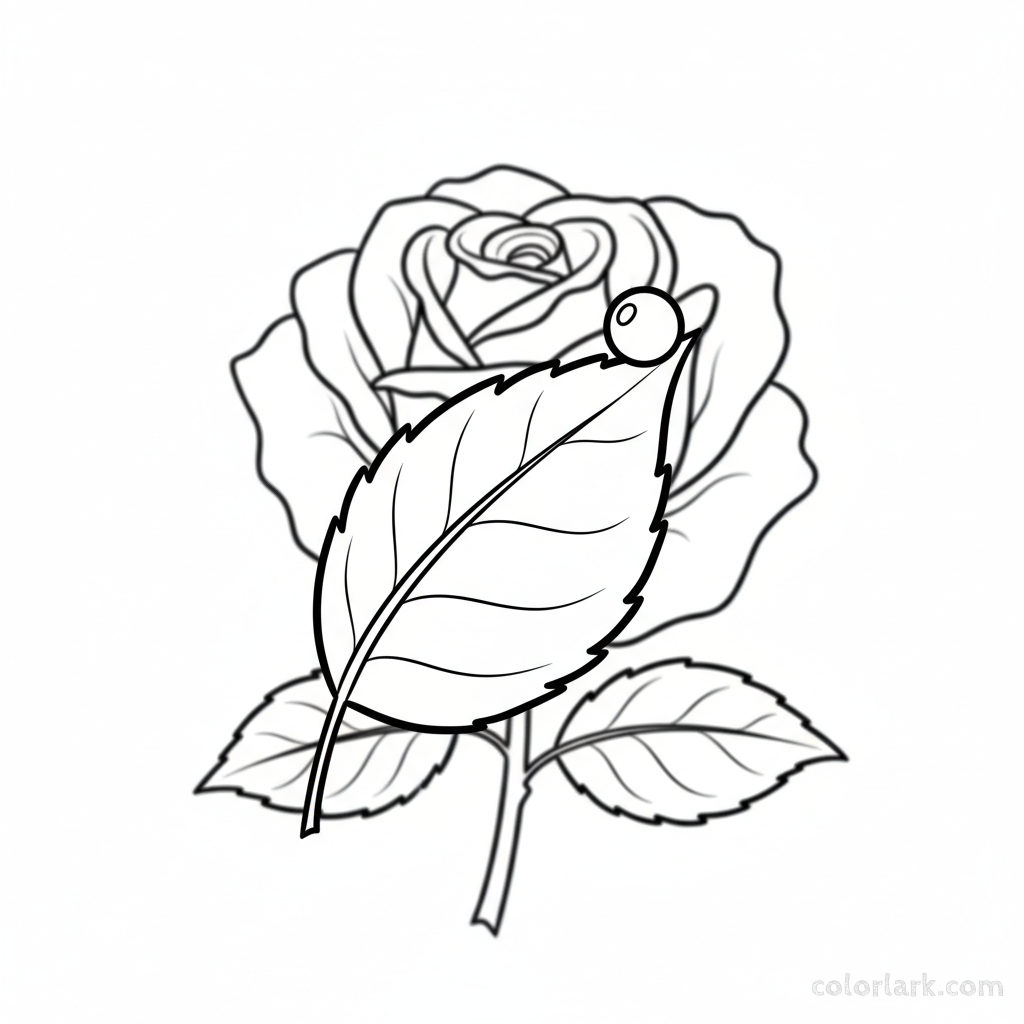 Black and white line art focusing on a rose leaf with a delicate water droplet clinging to its tip