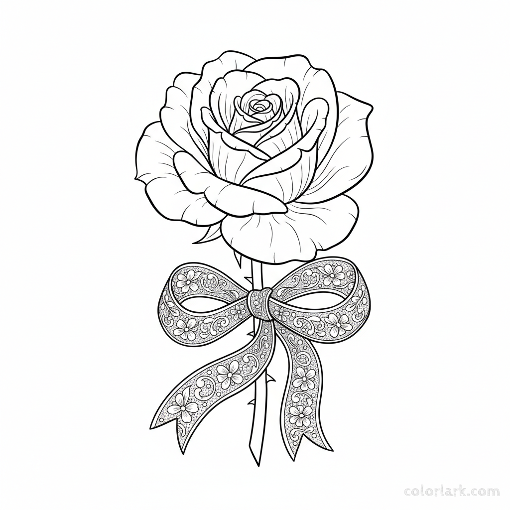 Black and white line art of a blooming rose with a delicate lace ribbon tied around its stem