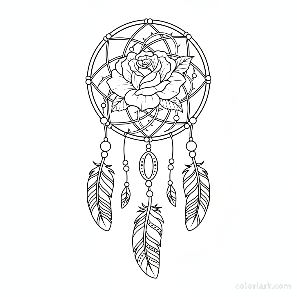 Black and white line art of a delicate blooming rose intricately woven into a dreamcatcher with feathers