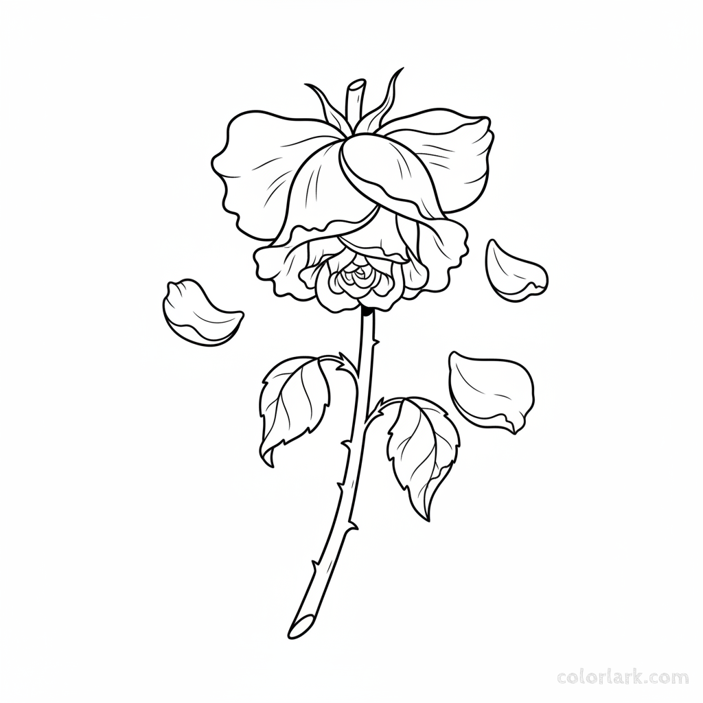 Black and white line art of a rose with gracefully drooping, wilting petals, showing delicate decline