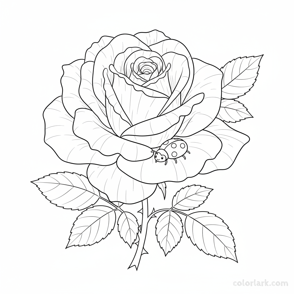 Black and white line art of a blooming rose with a small, friendly ladybug crawling on a petal