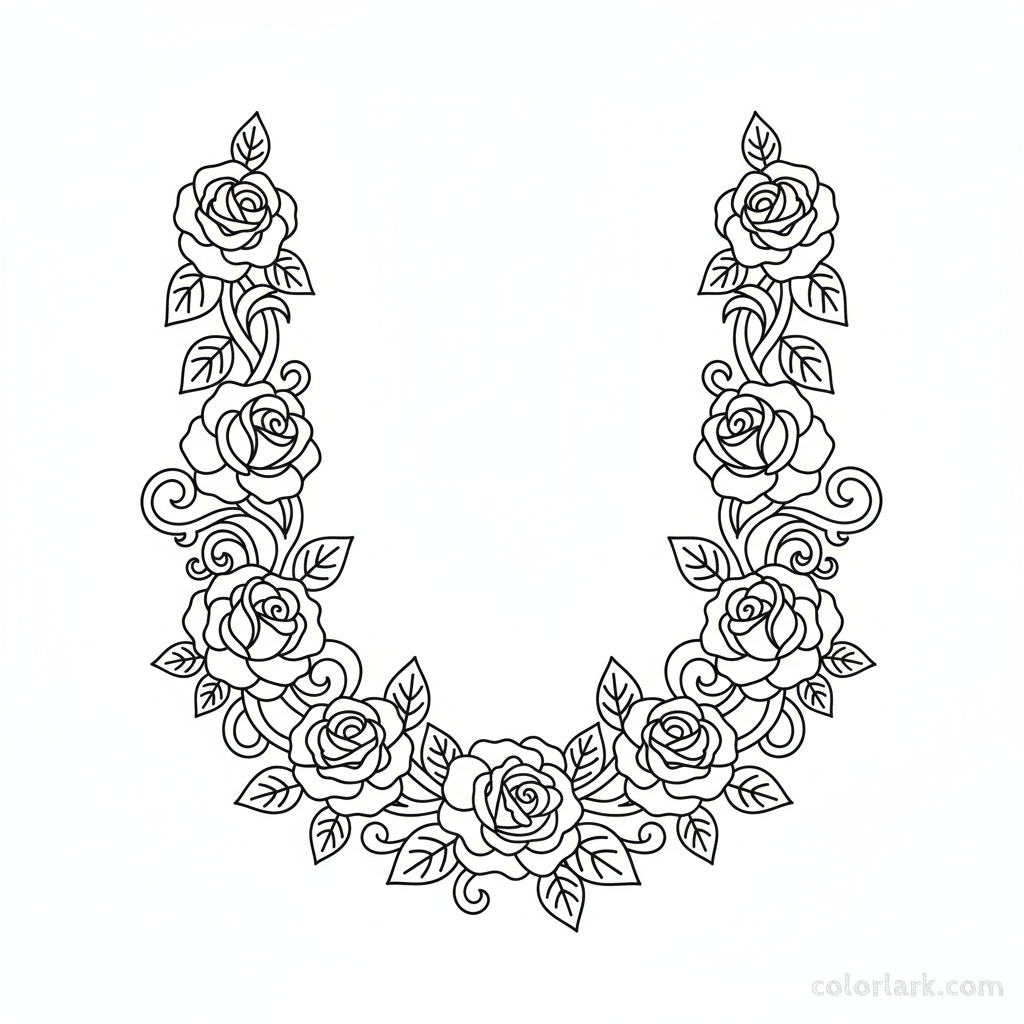 Black and white line art of an elegant rose garland with multiple blooms and leaves, draped gracefully