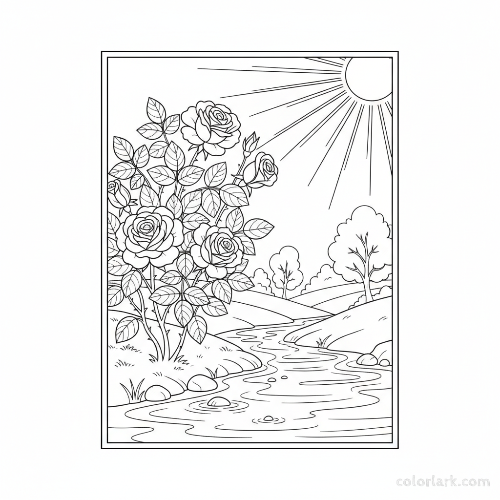 Black and white line art of a beautiful rose bush blooming gracefully by a gentle, flowing stream