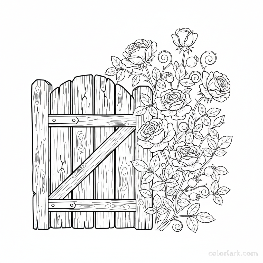 Black and white line art of wild roses blooming next to an old, rustic wooden garden gate
