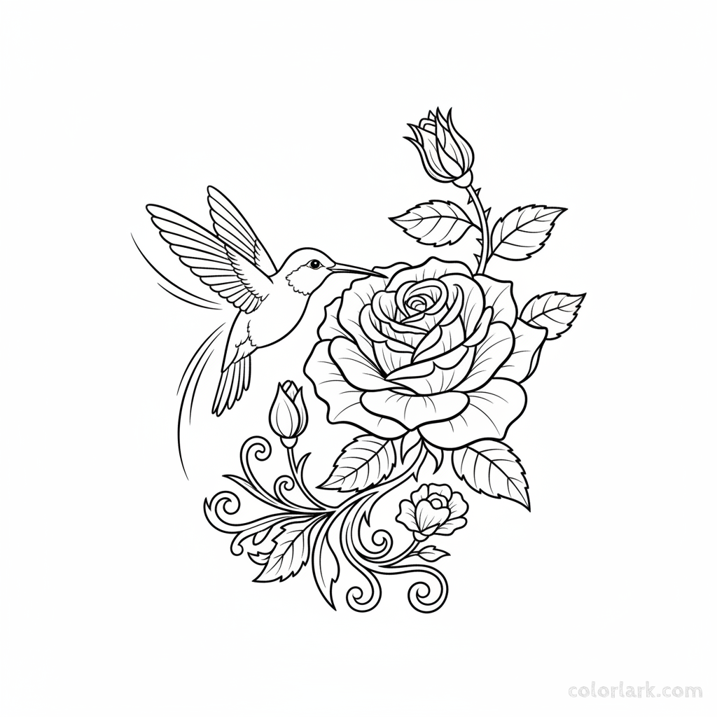 Black and white line art of a graceful hummingbird hovering near a blooming rose to sip nectar