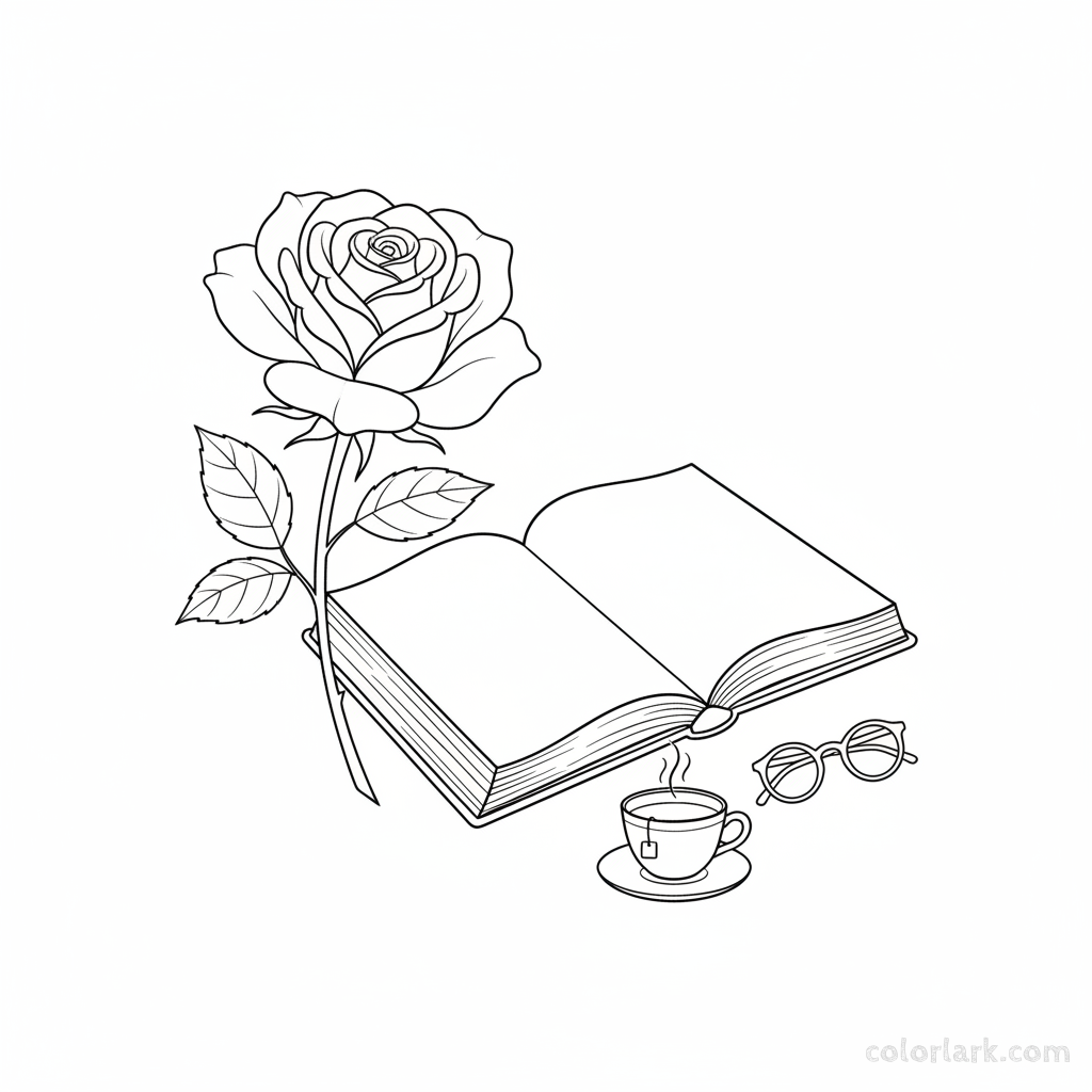 Black and white line art of an elegant rose placed beside an open book, suggesting a reading nook