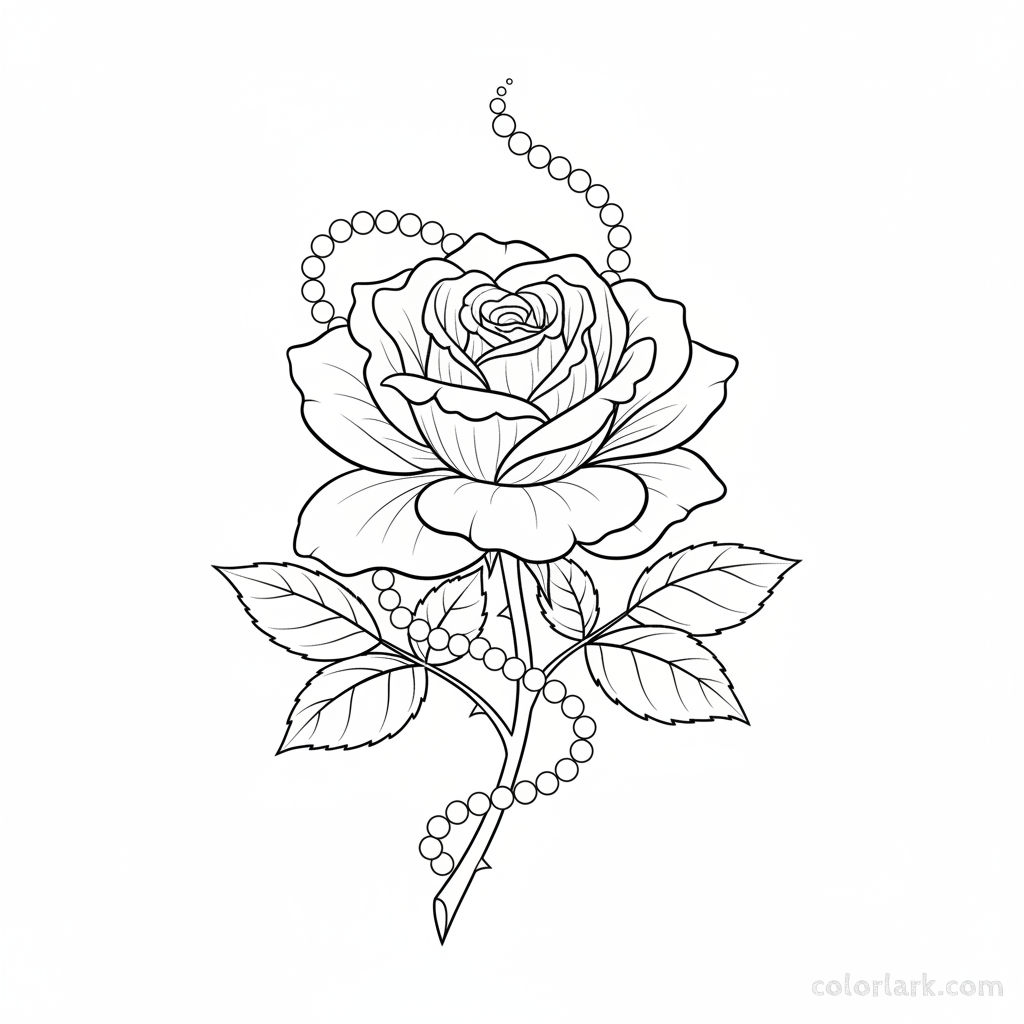 Black and white line art of a blooming rose with a delicate string of pearls elegantly draped around it