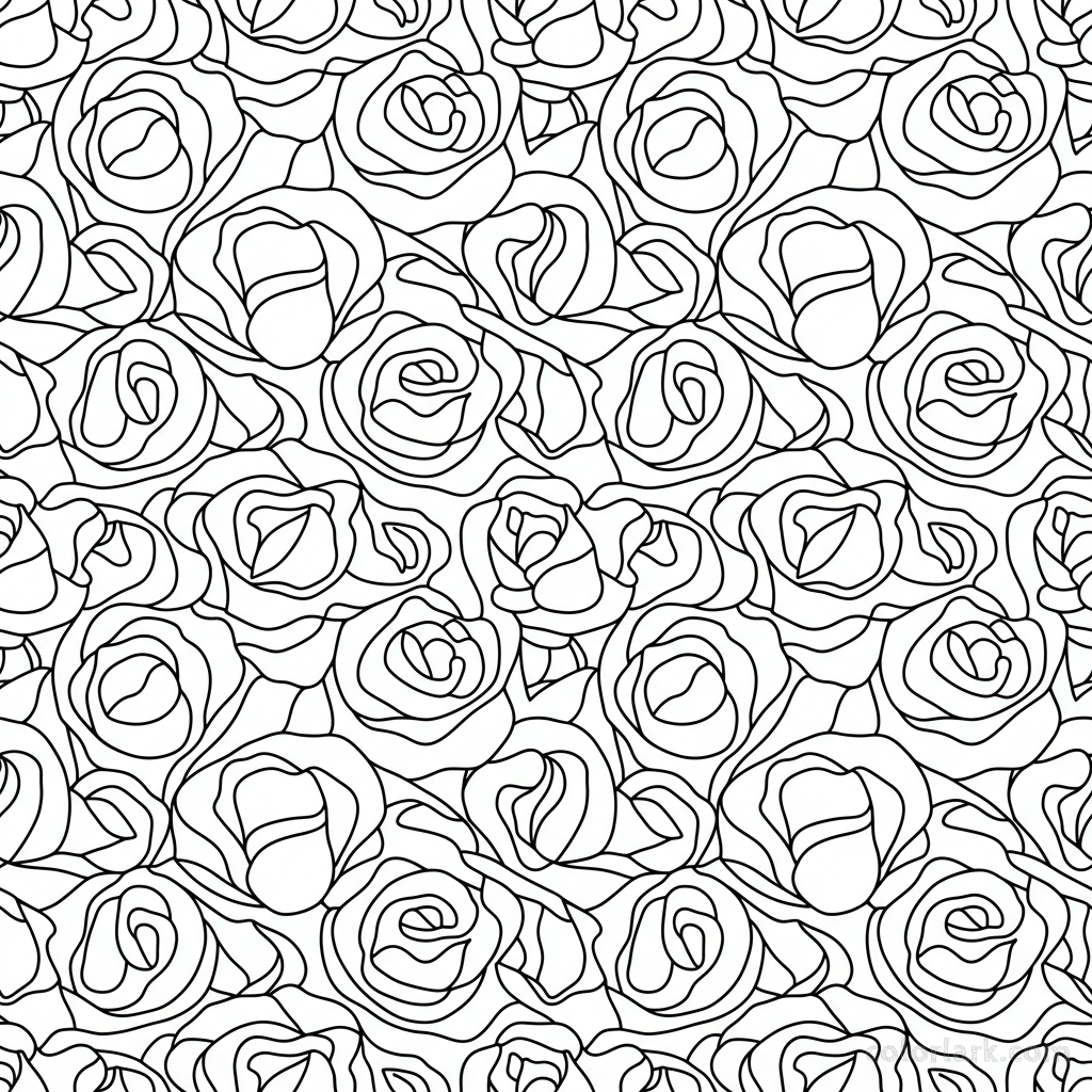 Black and white line art of a seamless, repeating pattern of overlapping rose petals for a wallpaper design