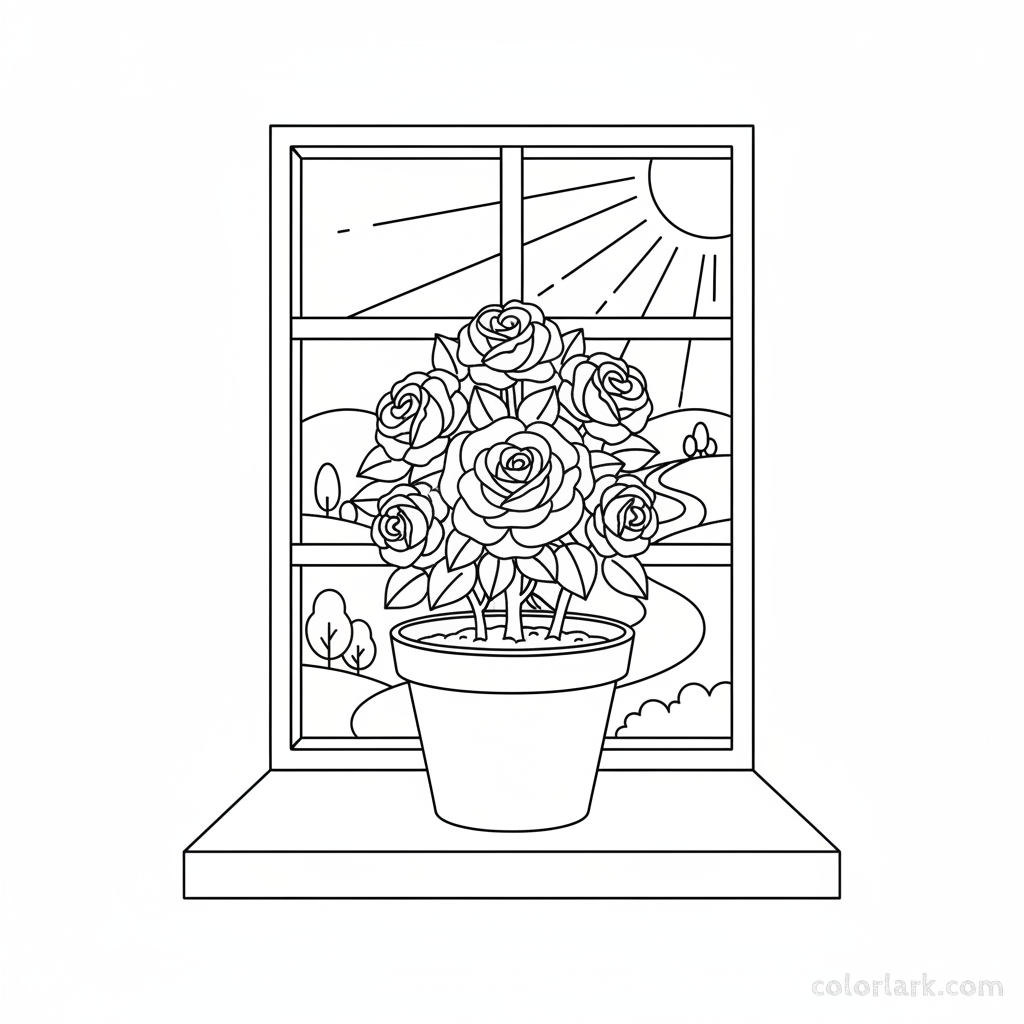 Black and white line art of a blooming rose plant in a terracotta pot on a sunlit windowsill