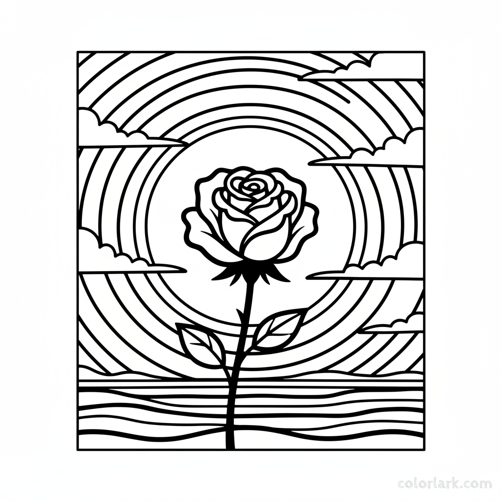 Black and white line art of a dramatic rose silhouette against a simple background suggesting a sunset sky