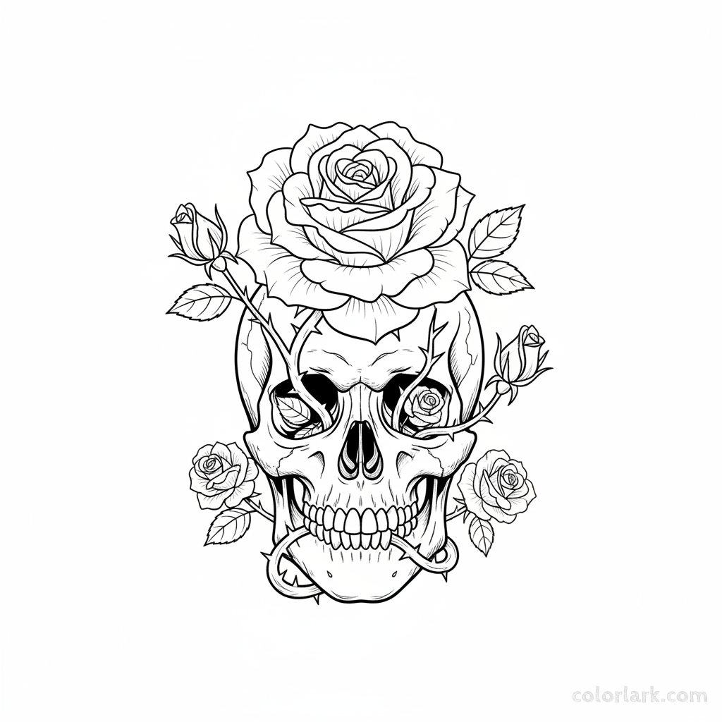 Black and white line art combining a blooming rose with a human skull, creating a gothic romance theme