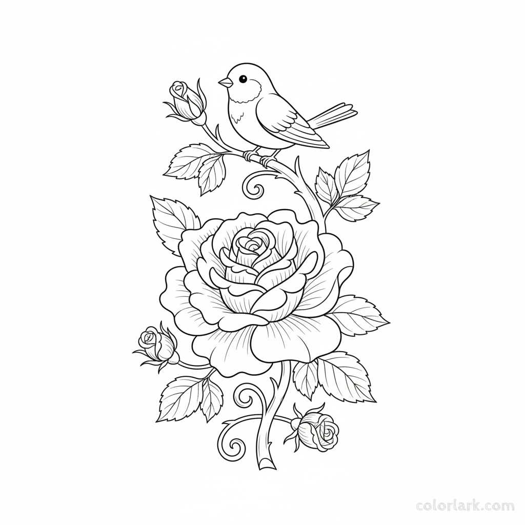 Black and white line art of a blooming rose with a small bird perched on its stem or a nearby branch