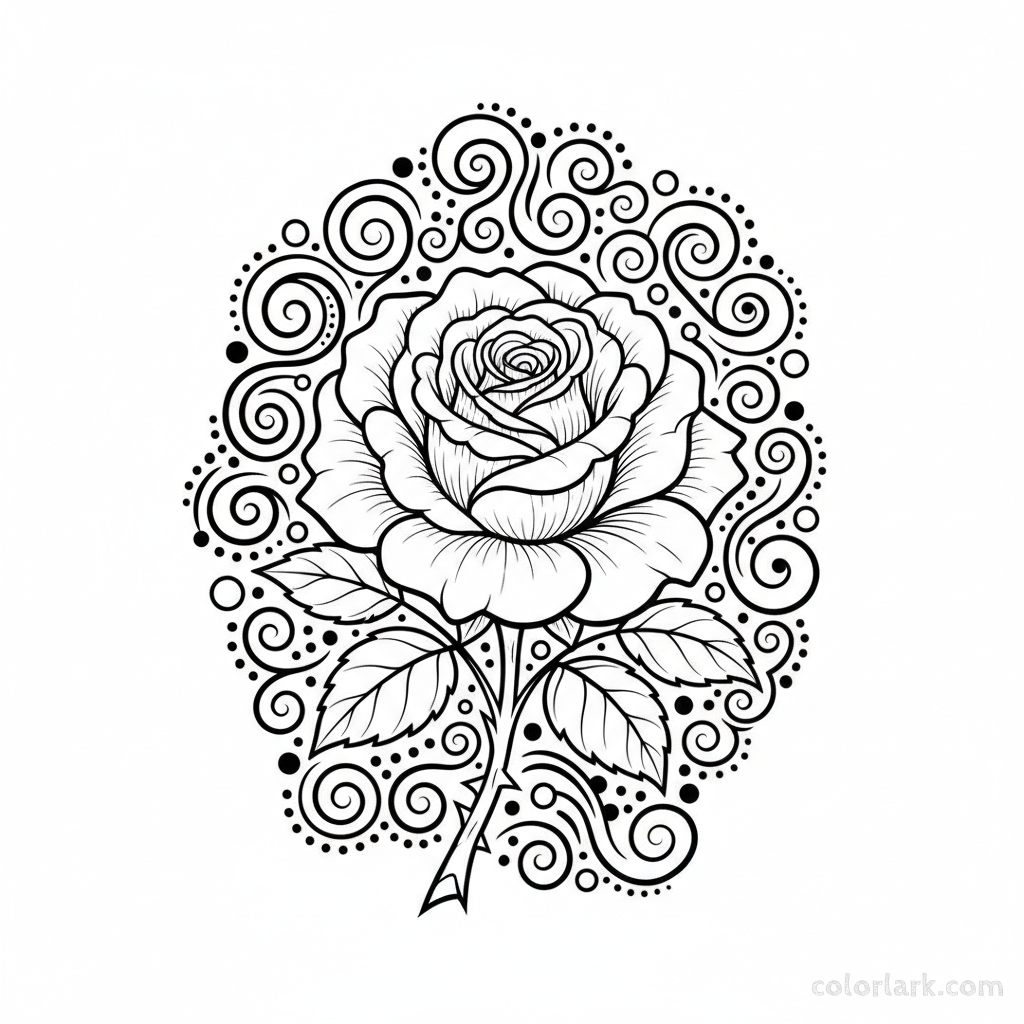 Black and white line art of a detailed rose surrounded by a whimsical background of swirls and decorative dots