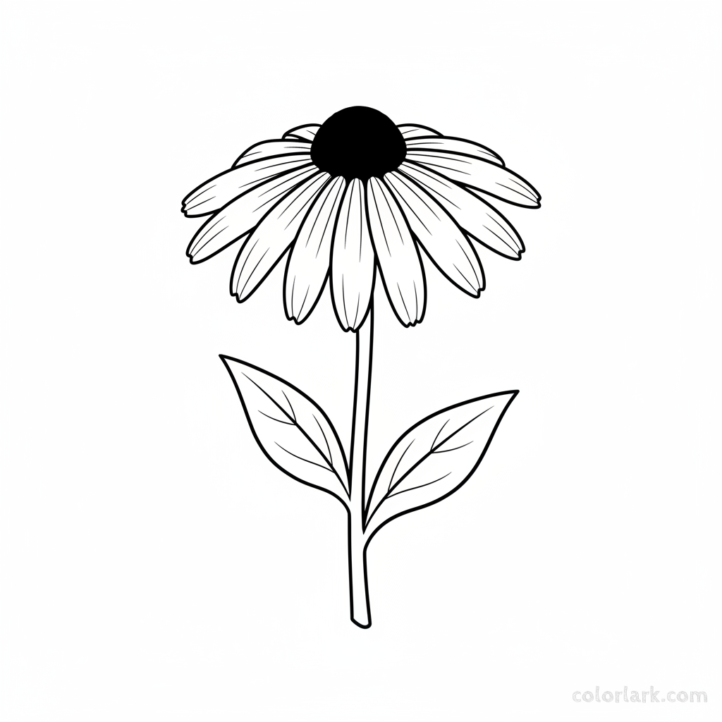 Black and white line art of a simple rudbeckia (Black-Eyed Susan) flower with a prominent dark central cone and radiating petals, on a sturdy stem with leaves.