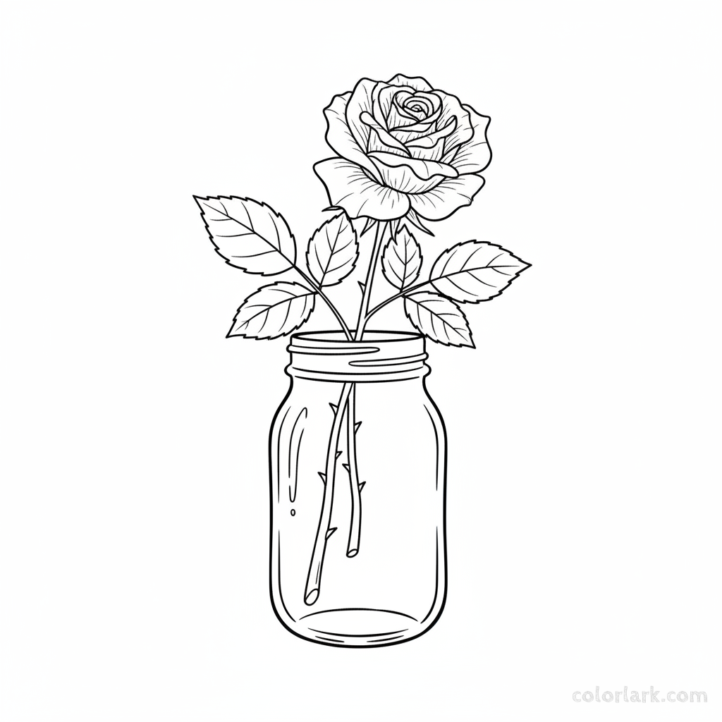 Black and white line art of a rustic rose with leaves arranged in a simple Mason jar