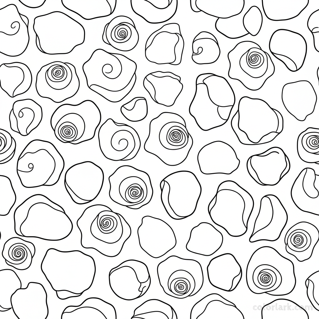 Black and white line art illustration of various scattered rose petals forming a dynamic pattern
