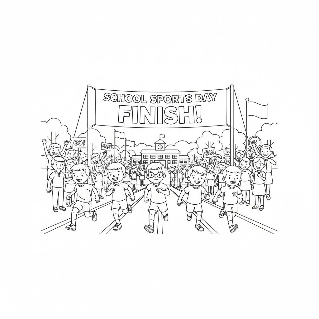 Line art of kids sprinting in a school athletic meet towards a finish line with a cheering school crowd