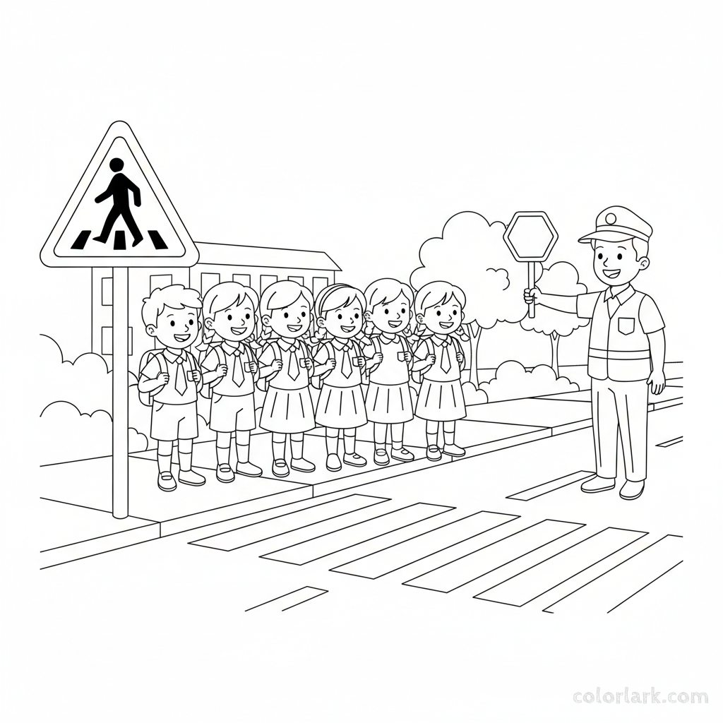 Coloring page of school children with a crossing guard at an Indian Pedestrian Crossing sign.