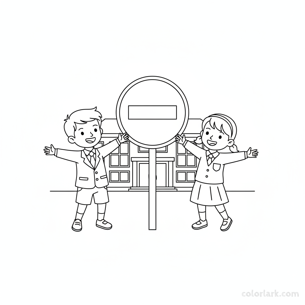 Black and white line art of two school children pointing at an Indian no entry sign at a school drop-off zone.