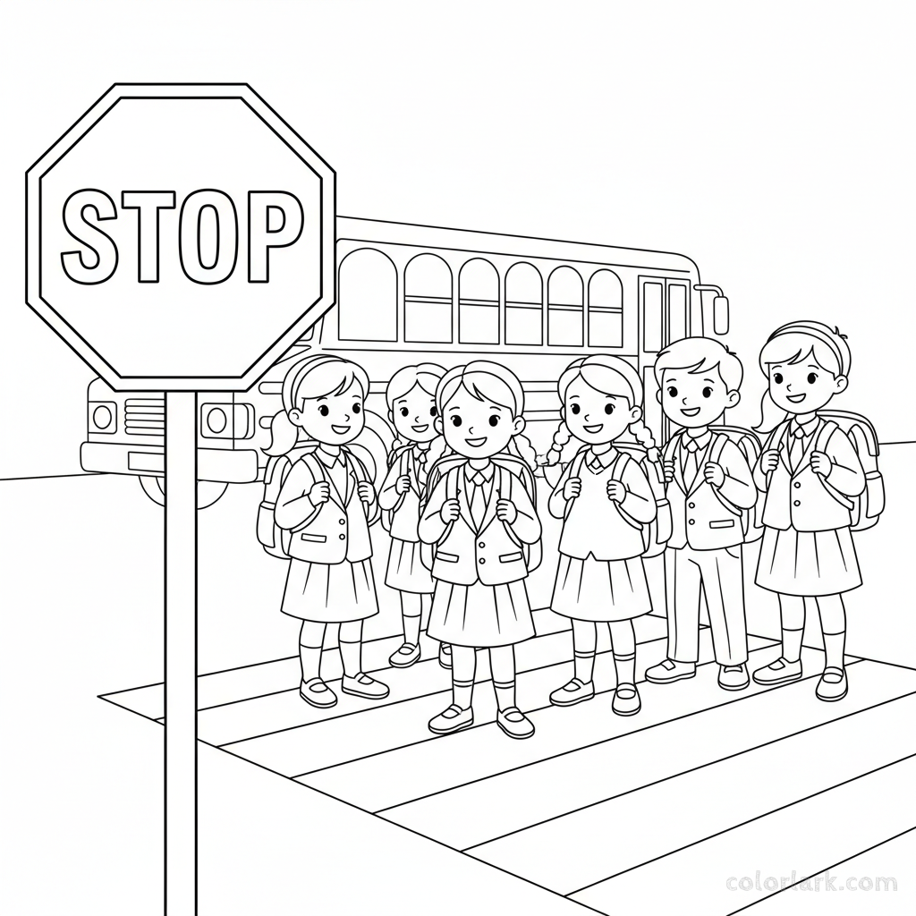 Black and white line art of school children waiting at a crosswalk near an Indian stop sign.