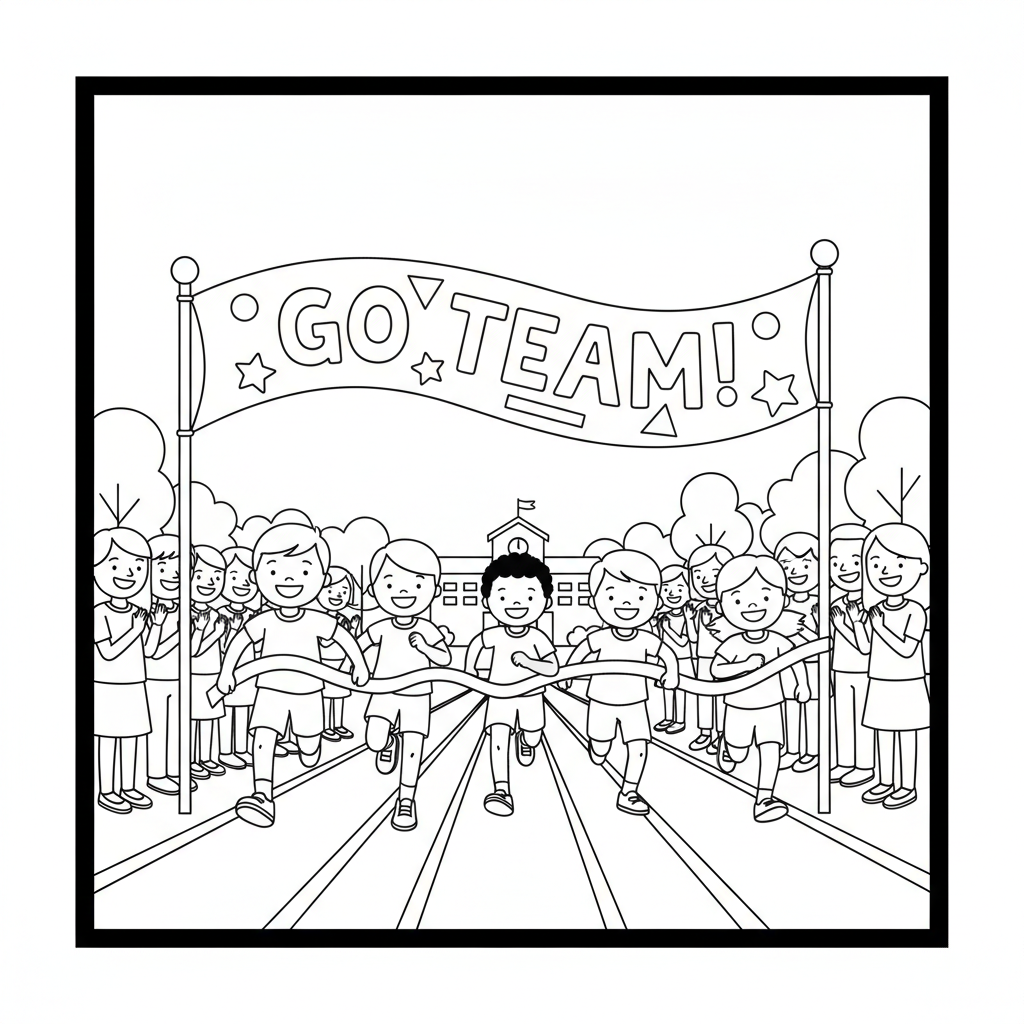 Line art of kids in a school track race sprinting to a finish line with cheering schoolmates